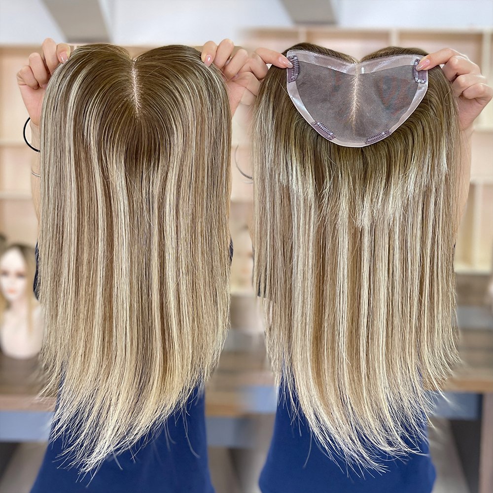 Factory Wholesale hand tied brown blonde curly skin mono base lace European human hair women toppers fringe
