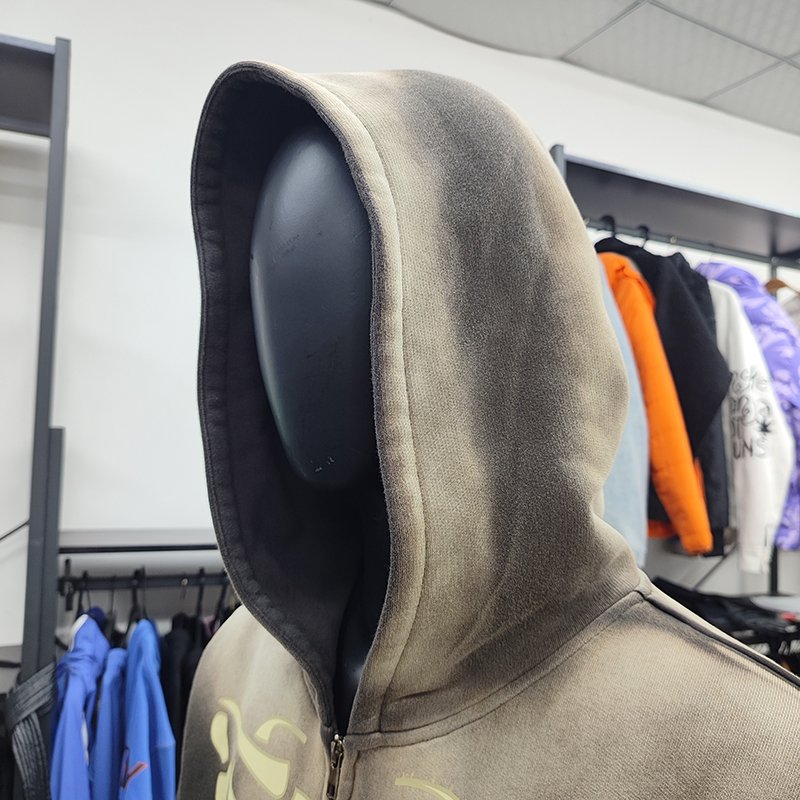 YSJY Streetwear Custom Screen Printed Oversized Plus Size Acid Washed Zipper Hoodies For Men