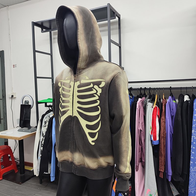 YSJY Streetwear Custom Screen Printed Oversized Plus Size Acid Washed Zipper Hoodies For Men