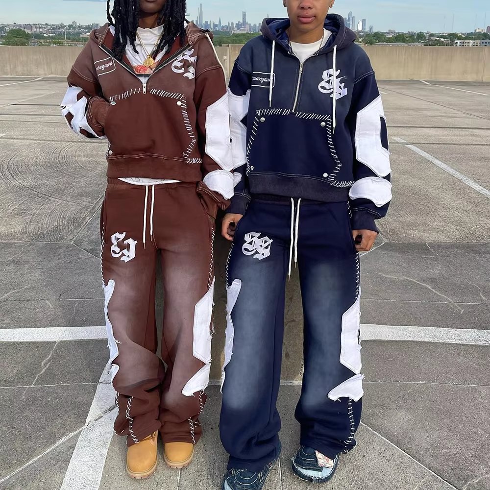 High Quality Custom Patch Embroidery Hoodies And Sweatpants Set Vintage Pullover Heavyweight Distressed Acid Wash Tracksuit
