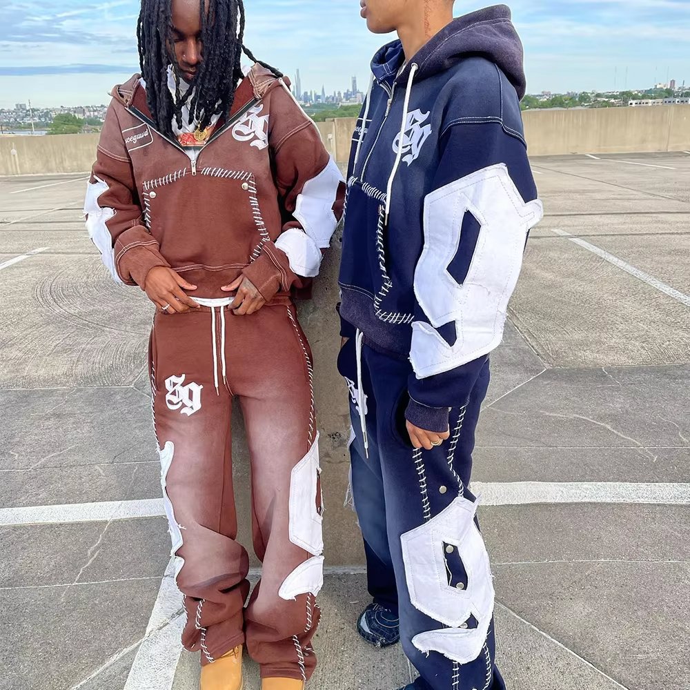 High Quality Custom Patch Embroidery Hoodies And Sweatpants Set Vintage Pullover Heavyweight Distressed Acid Wash Tracksuit