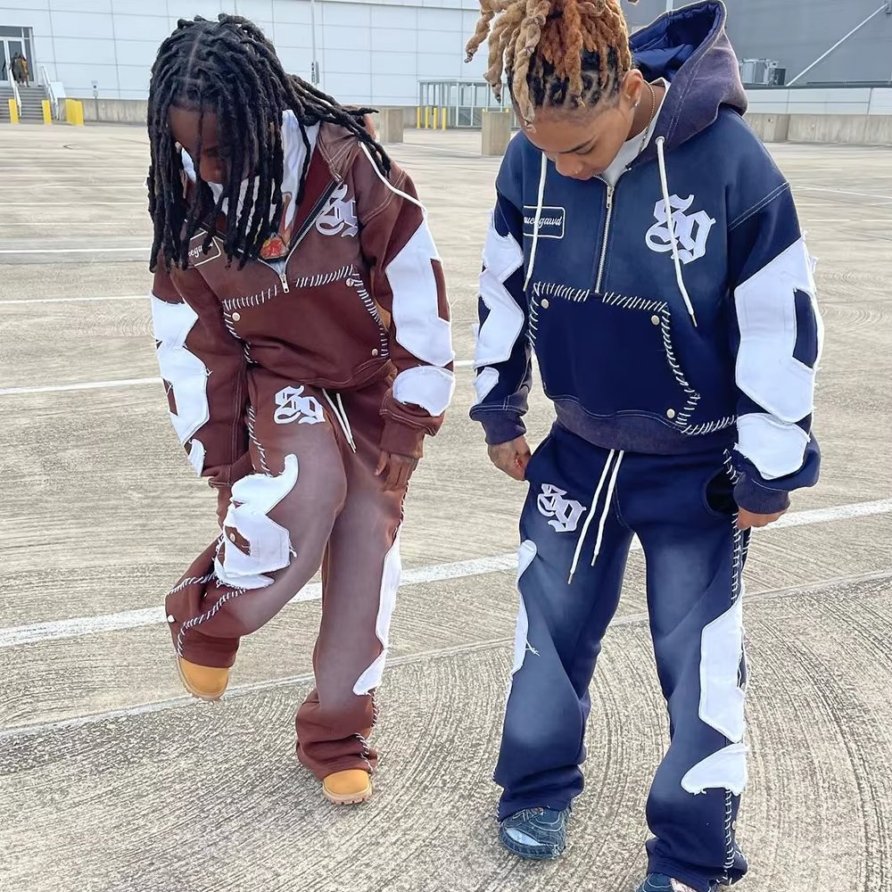 High Quality Custom Patch Embroidery Hoodies And Sweatpants Set Vintage Pullover Heavyweight Distressed Acid Wash Tracksuit
