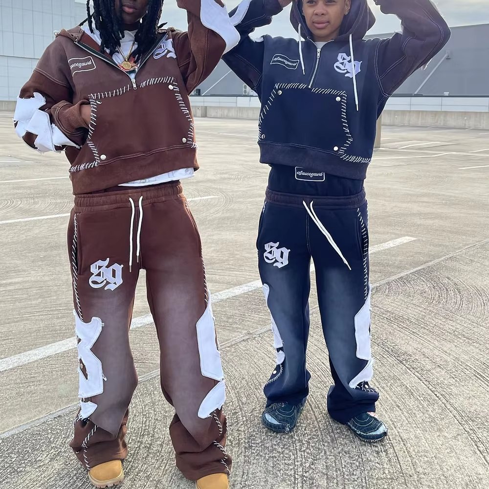 High Quality Custom Patch Embroidery Hoodies And Sweatpants Set Vintage Pullover Heavyweight Distressed Acid Wash Tracksuit