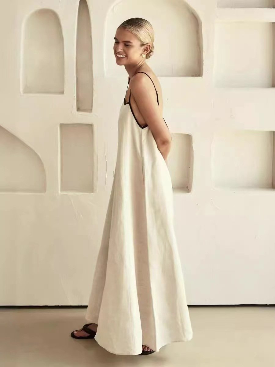Sexy Women's Cotton Dresses Floor-Length Natural Waistline Breathable Fashionable Digital Plain Dyed Back