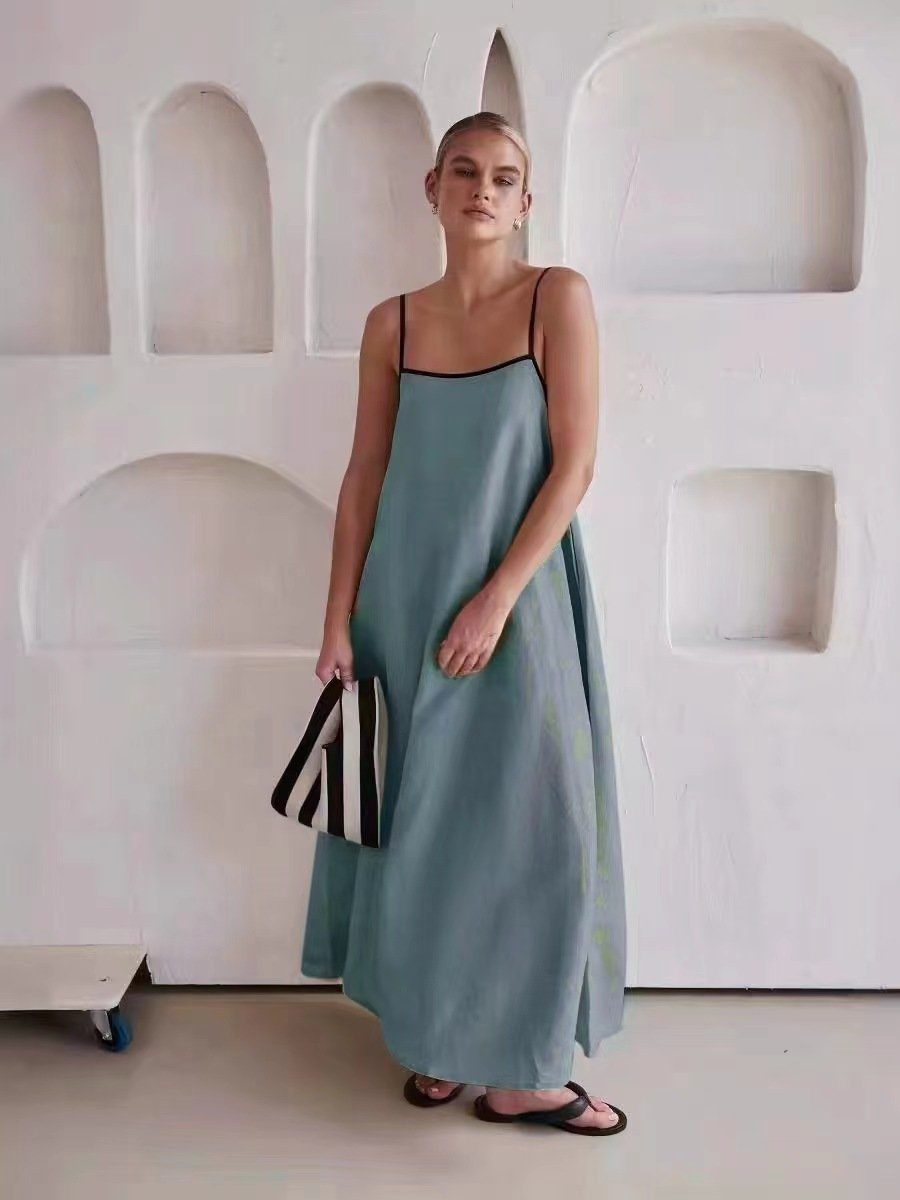 Sexy Women's Cotton Dresses Floor-Length Natural Waistline Breathable Fashionable Digital Plain Dyed Back