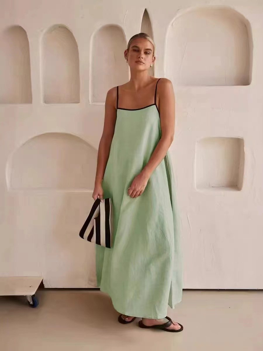 Sexy Women's Cotton Dresses Floor-Length Natural Waistline Breathable Fashionable Digital Plain Dyed Back