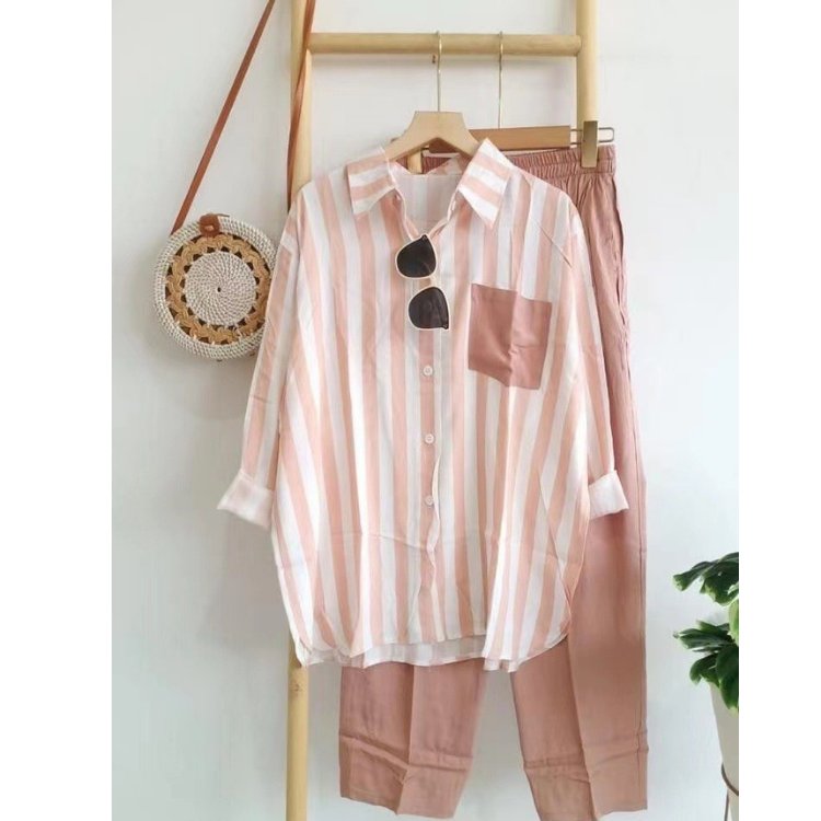 Women's Summer New Stripe Set Casual Long Sleeve Pants Two Piece Set Wholesale
