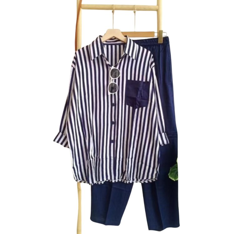 Women's Summer New Stripe Set Casual Long Sleeve Pants Two Piece Set Wholesale