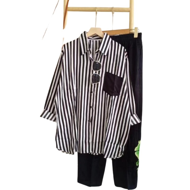 Women's Summer New Stripe Set Casual Long Sleeve Pants Two Piece Set Wholesale
