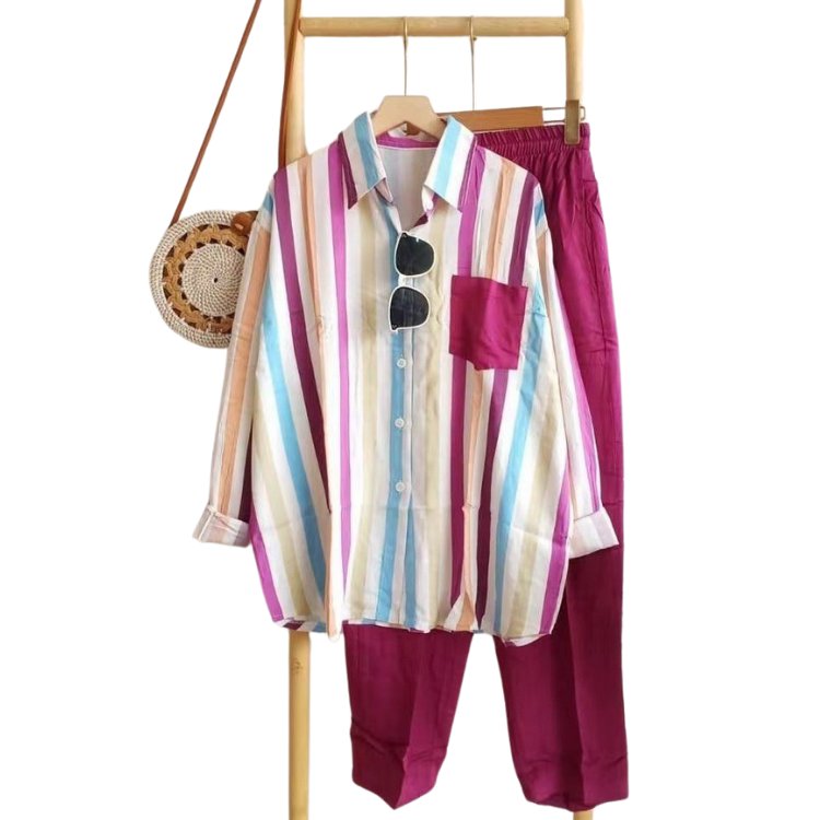 Women's Summer New Stripe Set Casual Long Sleeve Pants Two Piece Set Wholesale