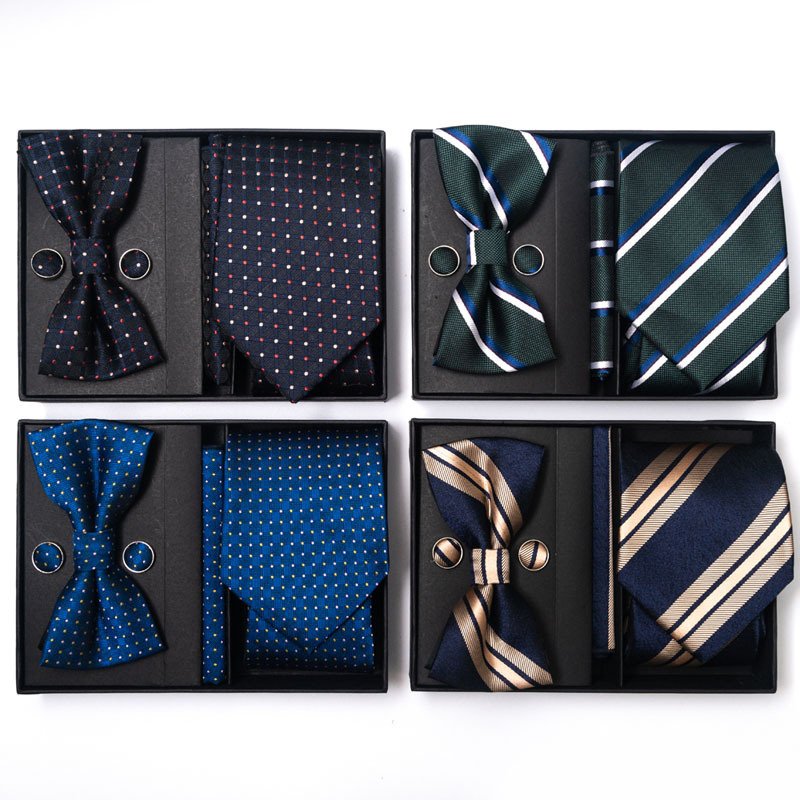 Wholesale Chinese Supplier Royal Blue Stripes Wedding Suit Tie Cufflink Novelty Ties For Men Set Polyester Necktie Gift Set