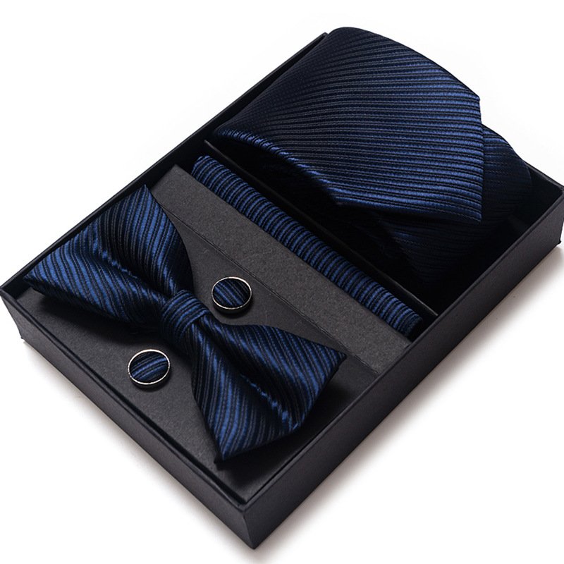 Wholesale Chinese Supplier Royal Blue Stripes Wedding Suit Tie Cufflink Novelty Ties For Men Set Polyester Necktie Gift Set