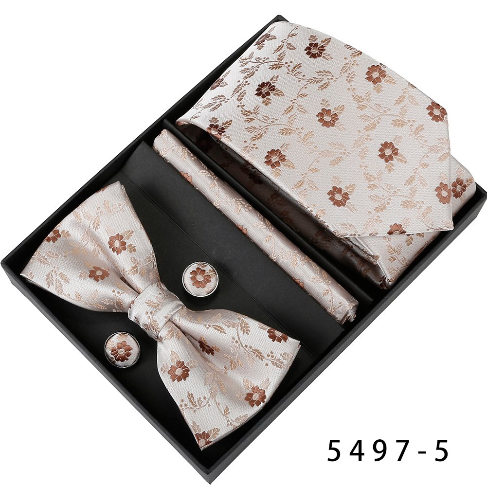 Black Brown Floral Mens Ties and Pocket Square Paisley Bow Ties Gift Set Handkerchief With Cufflinks For Men