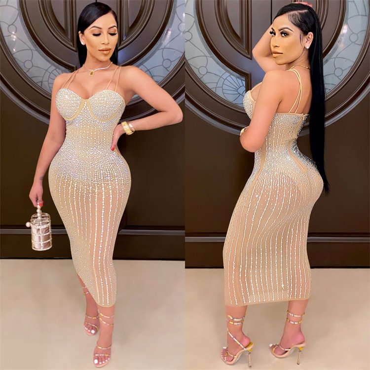 American 2021 hot style dress pleated pink diamond long dresses women lady clothes mature ladies Sleeveless party dress