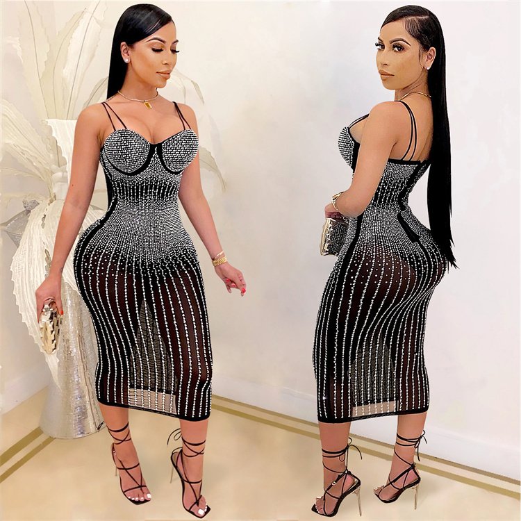 American 2021 hot style dress pleated pink diamond long dresses women lady clothes mature ladies Sleeveless party dress
