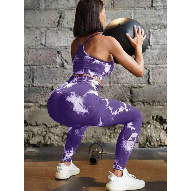 Custom Logo Seamless Tie Dye High Elastic Sportswear Sexy Bra High Waist Peach Hip Leggings Breathable Yoga Set
