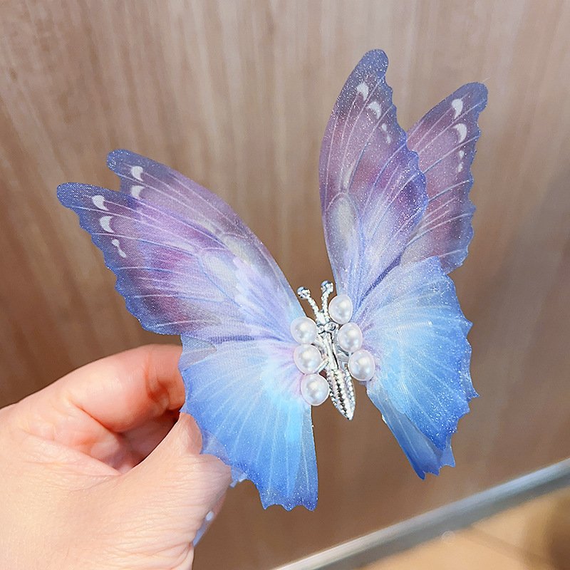 New Super Fairy Moving Butterfly Hairpin Children's Headdress Gradient Silk Tie Bow Girl Hairpin