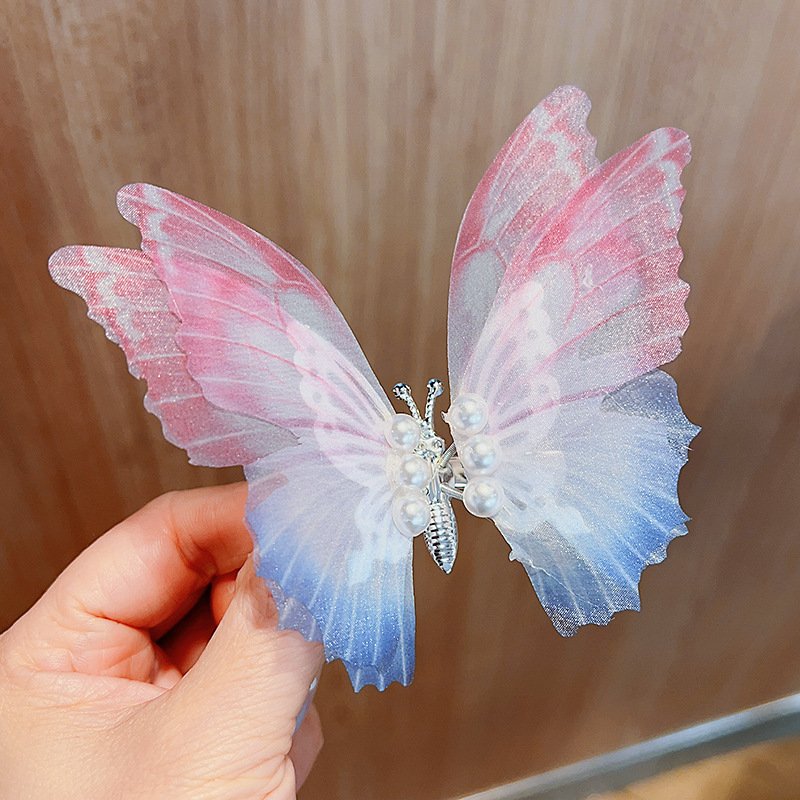 New Super Fairy Moving Butterfly Hairpin Children's Headdress Gradient Silk Tie Bow Girl Hairpin