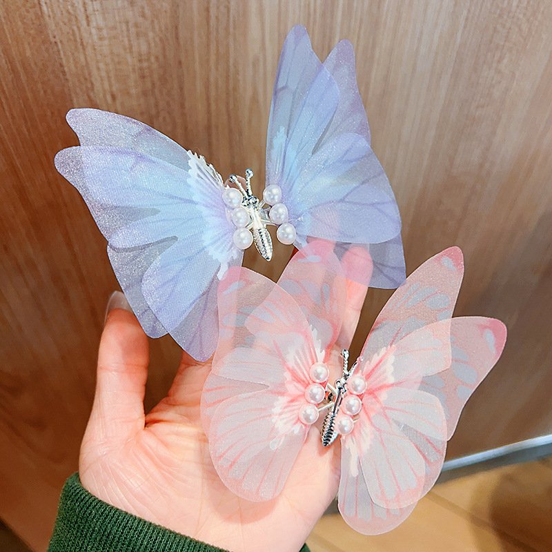 New Super Fairy Moving Butterfly Hairpin Children's Headdress Gradient Silk Tie Bow Girl Hairpin