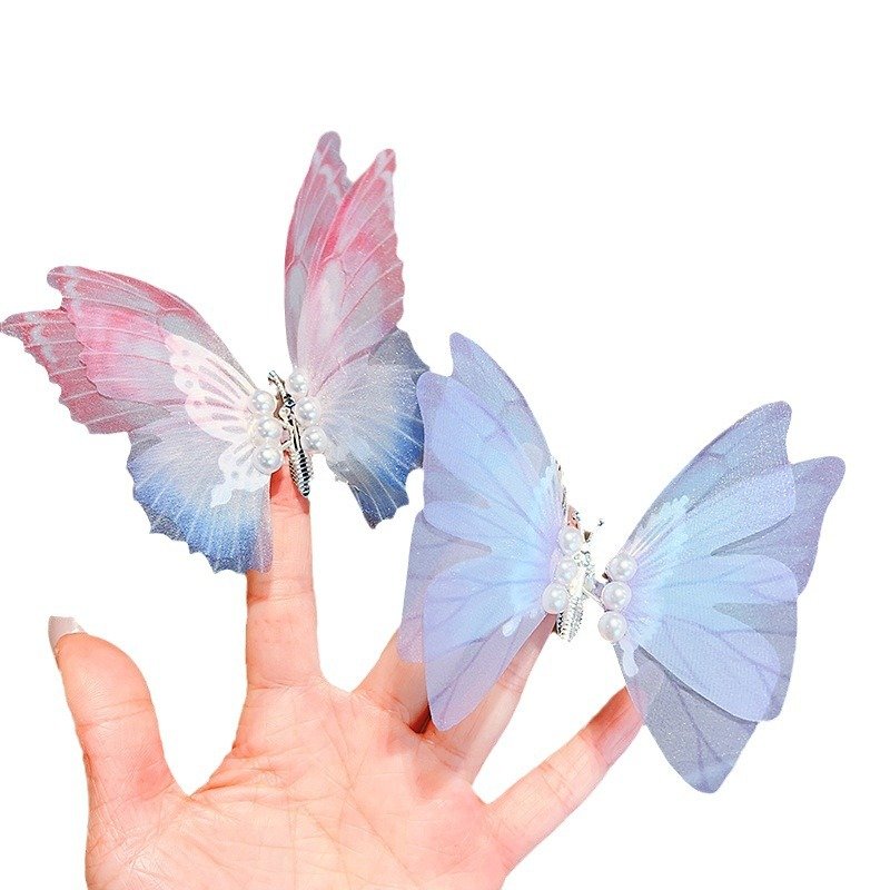 New Super Fairy Moving Butterfly Hairpin Children's Headdress Gradient Silk Tie Bow Girl Hairpin