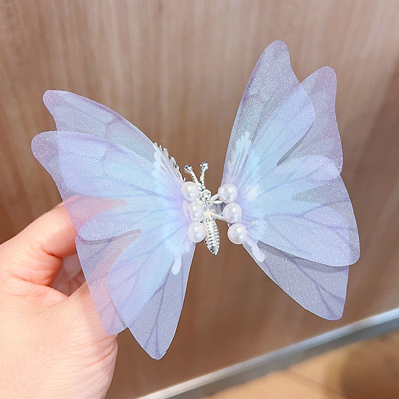 New Super Fairy Moving Butterfly Hairpin Children's Headdress Gradient Silk Tie Bow Girl Hairpin