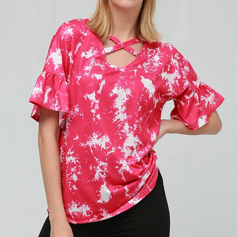 Wholesale Custom 2022 Fashion New Design Short Sleeve Cross V-neck Tie Dye Printing Women's Casual T-shirt