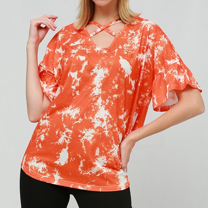 Wholesale Custom 2022 Fashion New Design Short Sleeve Cross V-neck Tie Dye Printing Women's Casual T-shirt