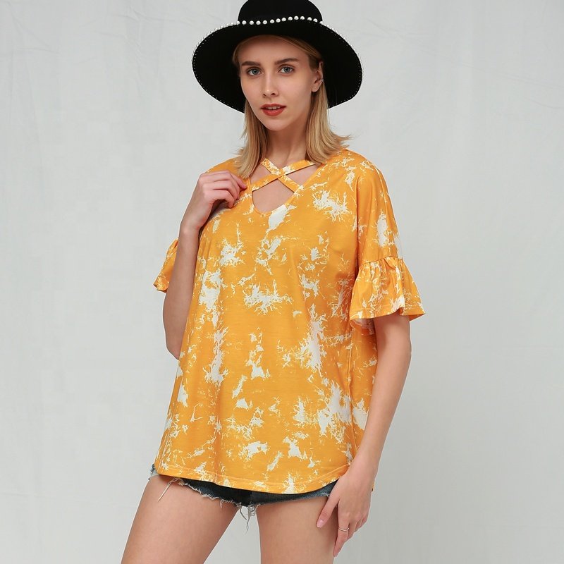 Wholesale Custom 2022 Fashion New Design Short Sleeve Cross V-neck Tie Dye Printing Women's Casual T-shirt