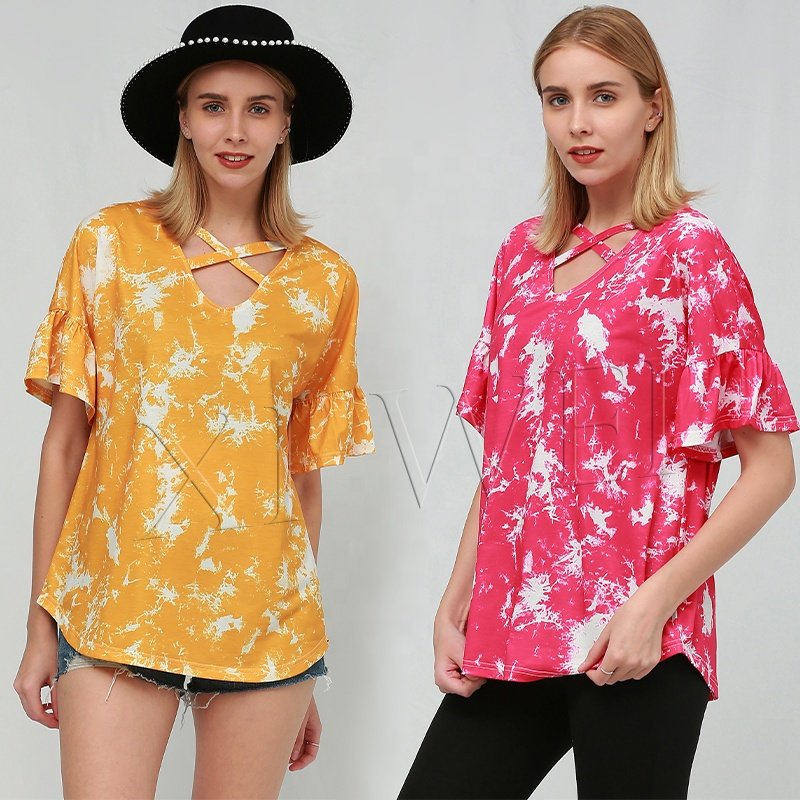 Wholesale Custom 2022 Fashion New Design Short Sleeve Cross V-neck Tie Dye Printing Women's Casual T-shirt