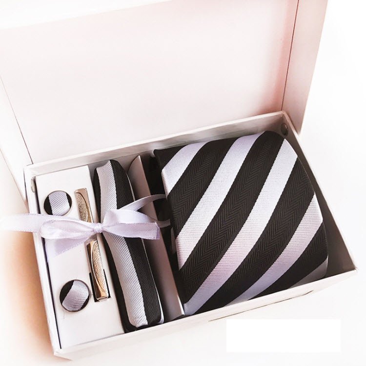 Men Ties Set Tie Clip Cufflinks Handkerchief Gift Box Set Plaid Striped Silk Jacquard Woven Neck Tie