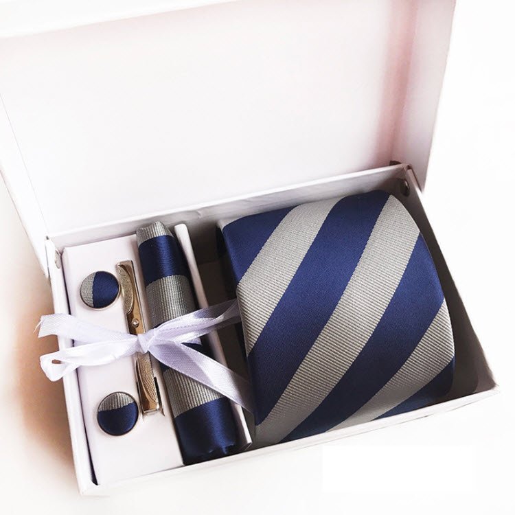 Men Ties Set Tie Clip Cufflinks Handkerchief Gift Box Set Plaid Striped Silk Jacquard Woven Neck Tie