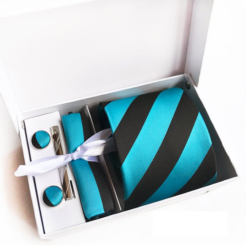 Men Ties Set Tie Clip Cufflinks Handkerchief Gift Box Set Plaid Striped Silk Jacquard Woven Neck Tie
