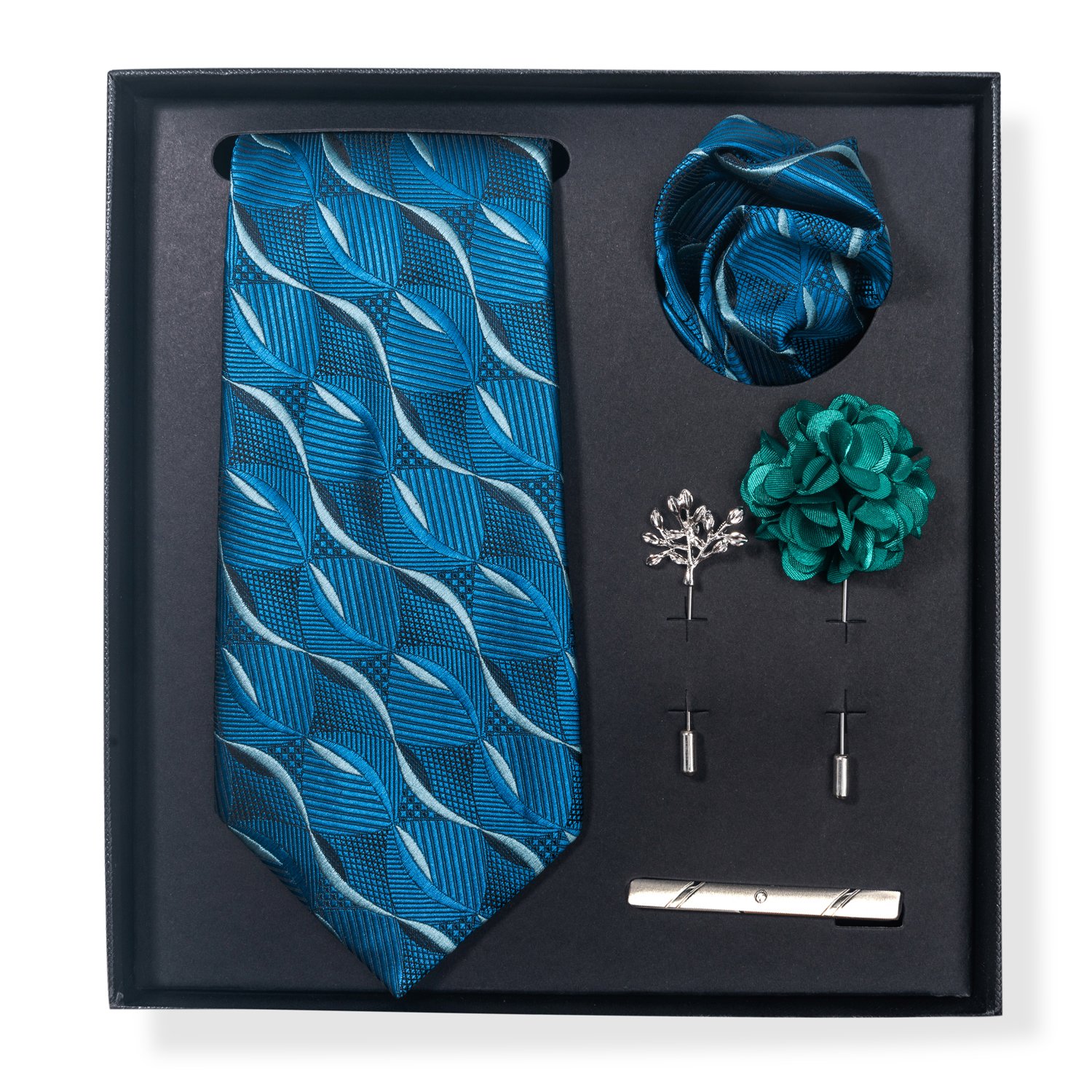 Brand Fashion Silk Handmade 8 cm Tie Sets Men's Neck Tie Handkerchiefs Lapel Pin Set Blue Floral Fit Formal Party