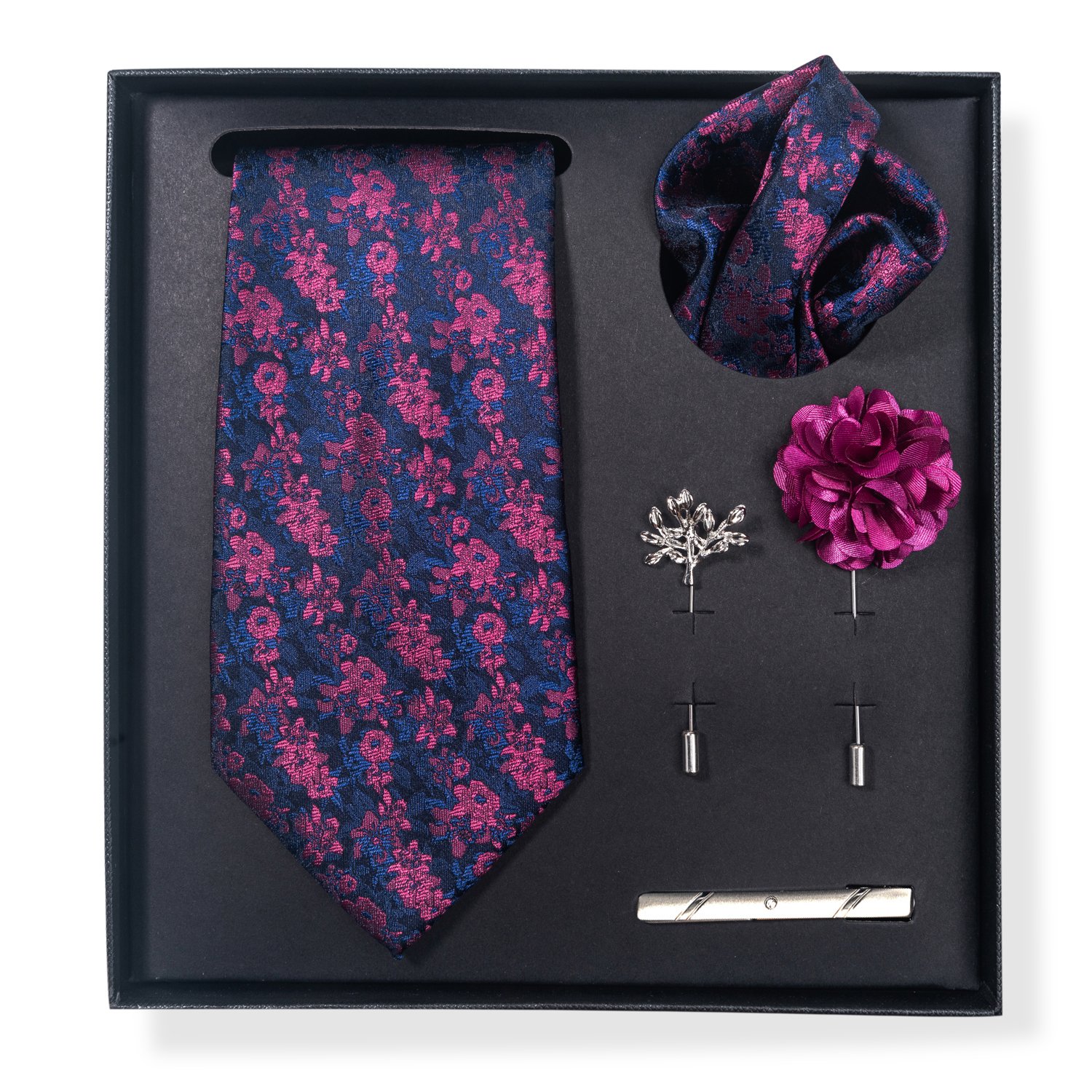 Brand Fashion Silk Handmade 8 cm Tie Sets Men's Neck Tie Handkerchiefs Lapel Pin Set Blue Floral Fit Formal Party