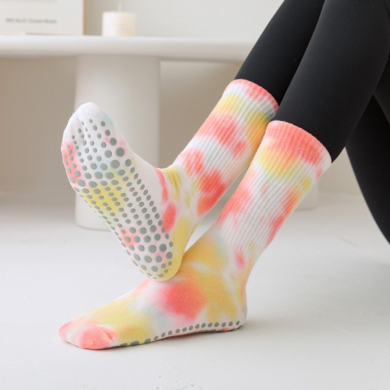 2024 Women's Mid-Length Tie-Dye Fashion Yoga Socks Thick Cotton Soft Comfortable Professional Non-Slip Pilates Socks