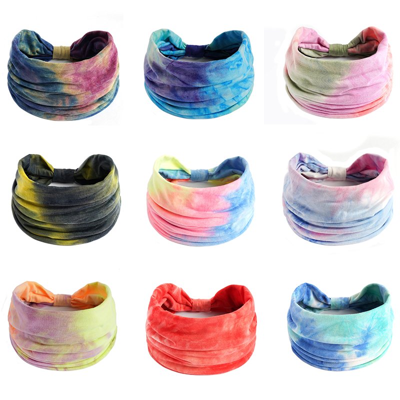 Stretch Rainbow Yoga Sports Head Wraps Elastic Sweat Twist Knotted Thick Wide Tie Dye Turban Headbands For Women