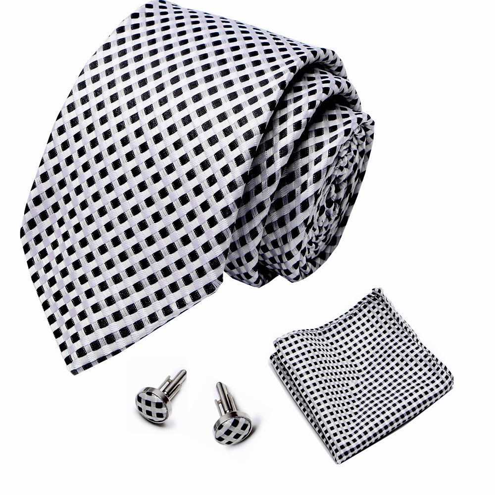 Classic Necktie Gift For Men Tie Hanky Cufflinks Set Pocket Handkerchief 100% Silk 7.5cm Tie