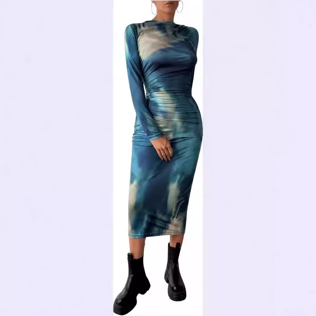 Sexy Slim Fit Summer Midi Dress Fashion Tie Dye Long Sleeve Ladies Dresses Elegant Women Dresses Stocks New Factories Wholesale