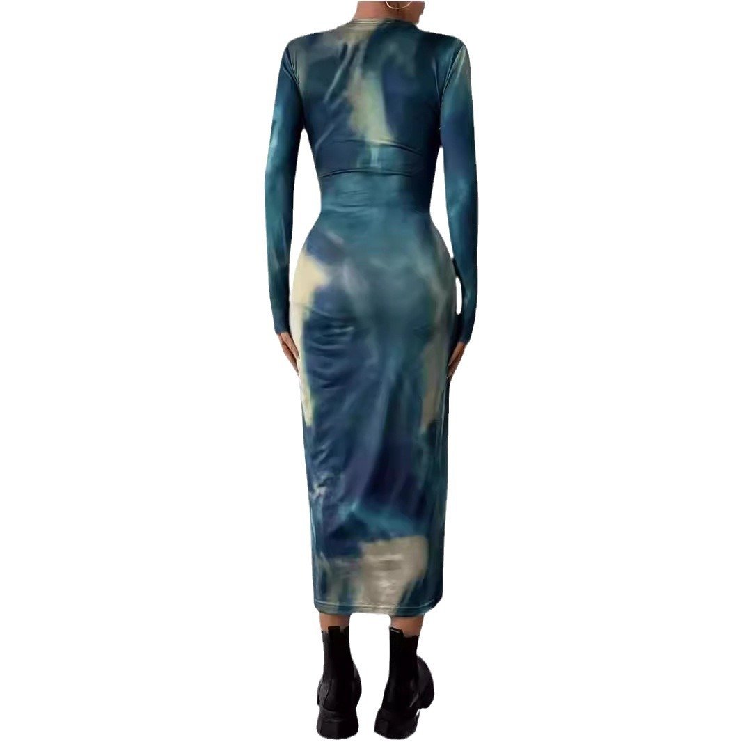 Sexy Slim Fit Summer Midi Dress Fashion Tie Dye Long Sleeve Ladies Dresses Elegant Women Dresses Stocks New Factories Wholesale