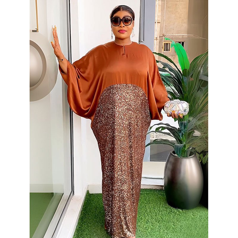 European and American cross-border stitching round neck robe African women's loose large size beaded dress