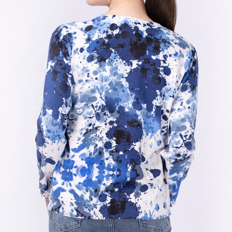 2024 NWT Pullover Tunic Blouse Women's O Neck Shirts Casual Tops Loose Fit Blouses Blue Tie Dye Shirt Womens Top Sweatshirt