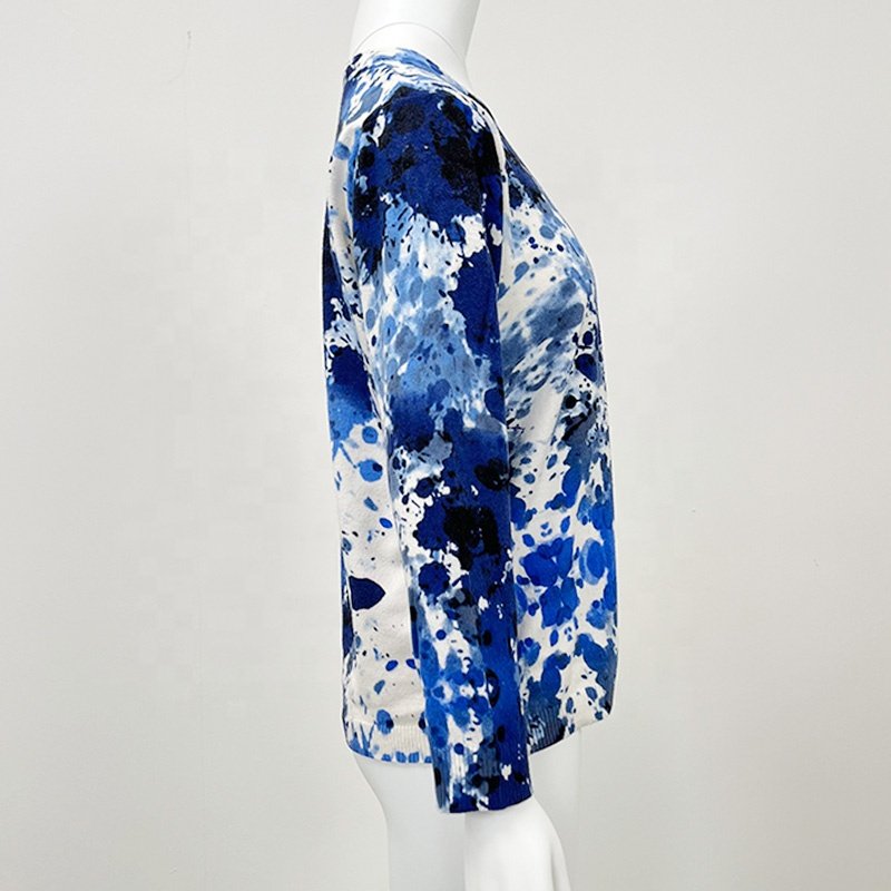 2024 NWT Pullover Tunic Blouse Women's O Neck Shirts Casual Tops Loose Fit Blouses Blue Tie Dye Shirt Womens Top Sweatshirt