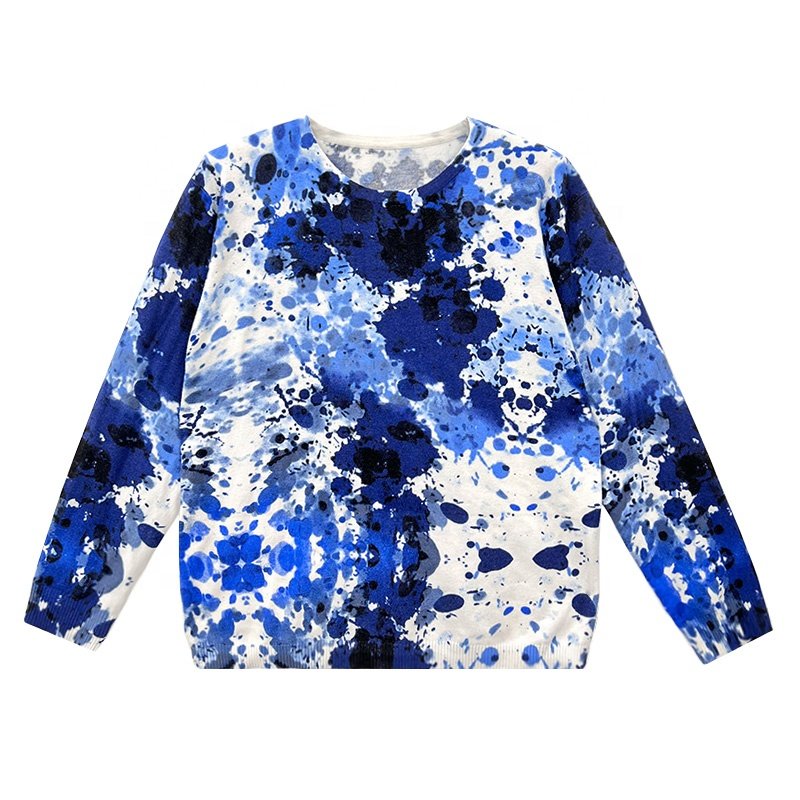 2024 NWT Pullover Tunic Blouse Women's O Neck Shirts Casual Tops Loose Fit Blouses Blue Tie Dye Shirt Womens Top Sweatshirt