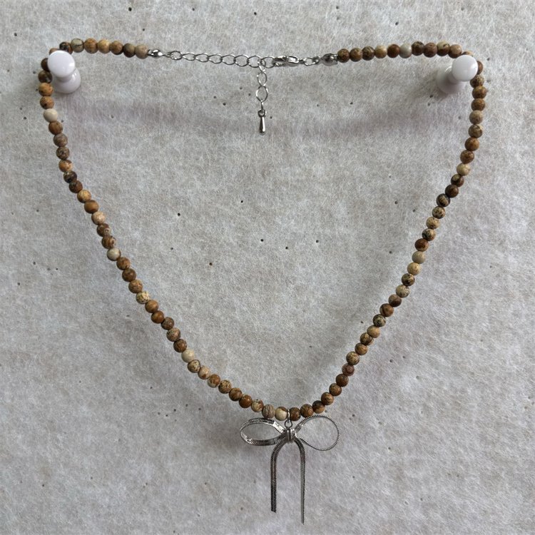 New Arrival Bohemian Colorful Initial Bow Beaded Natural Stone Bow Tie Shaped Necklace For Women