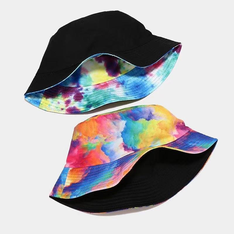 Wholesale Custom LOGO Fashion Tie dye Printing Colorful Rainbow Bucket Hat Double Sided Reversible Custom Bucket Hats
