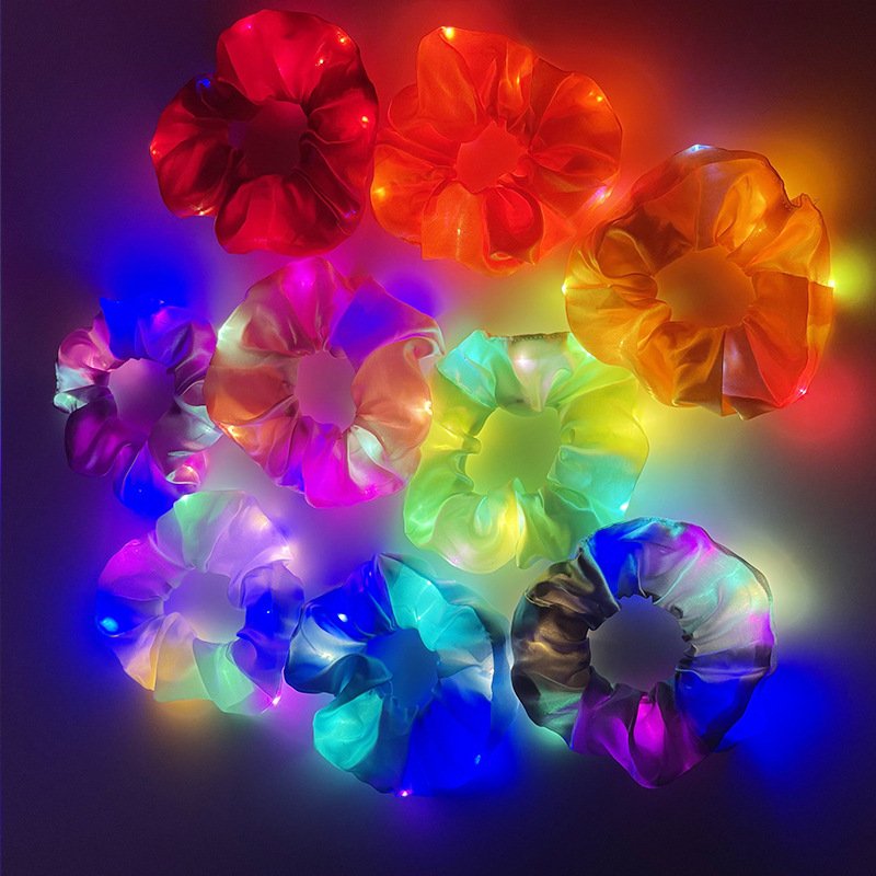 Led Bright Party Hair Ties Ponytail Light Up luminous Glow Rainbow Party Silk Satin Scrunchies For Girls