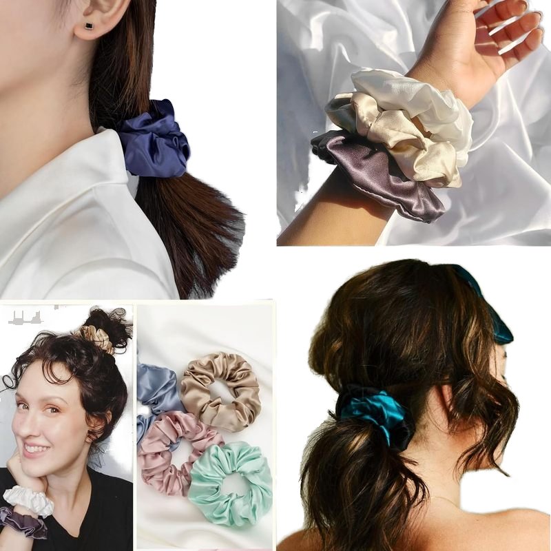 elastic silk scrunchy ponytail holder mini small big jumbo oversized bulk fashion custom logo 100% mulberry silk hair scrunchies