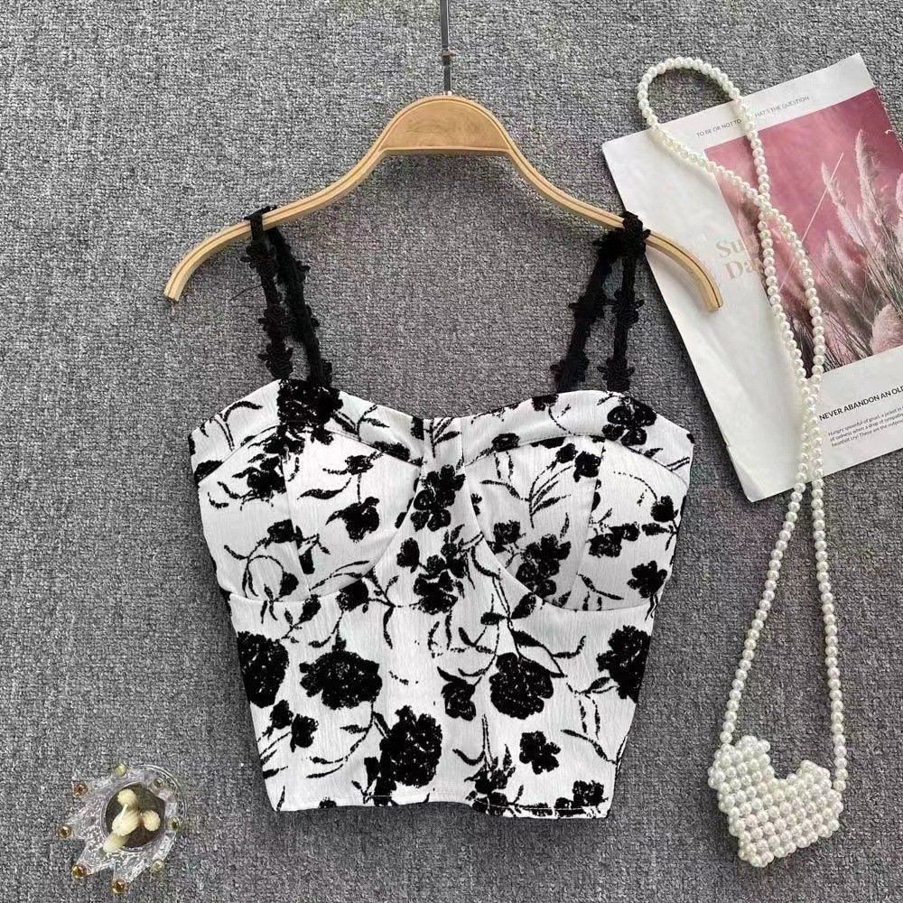 French Stylish Paris Ins Rose Embossed Padded Vest Flower Camellia Camisole Elegant Retro Femme Women Lady TanK Crop Top