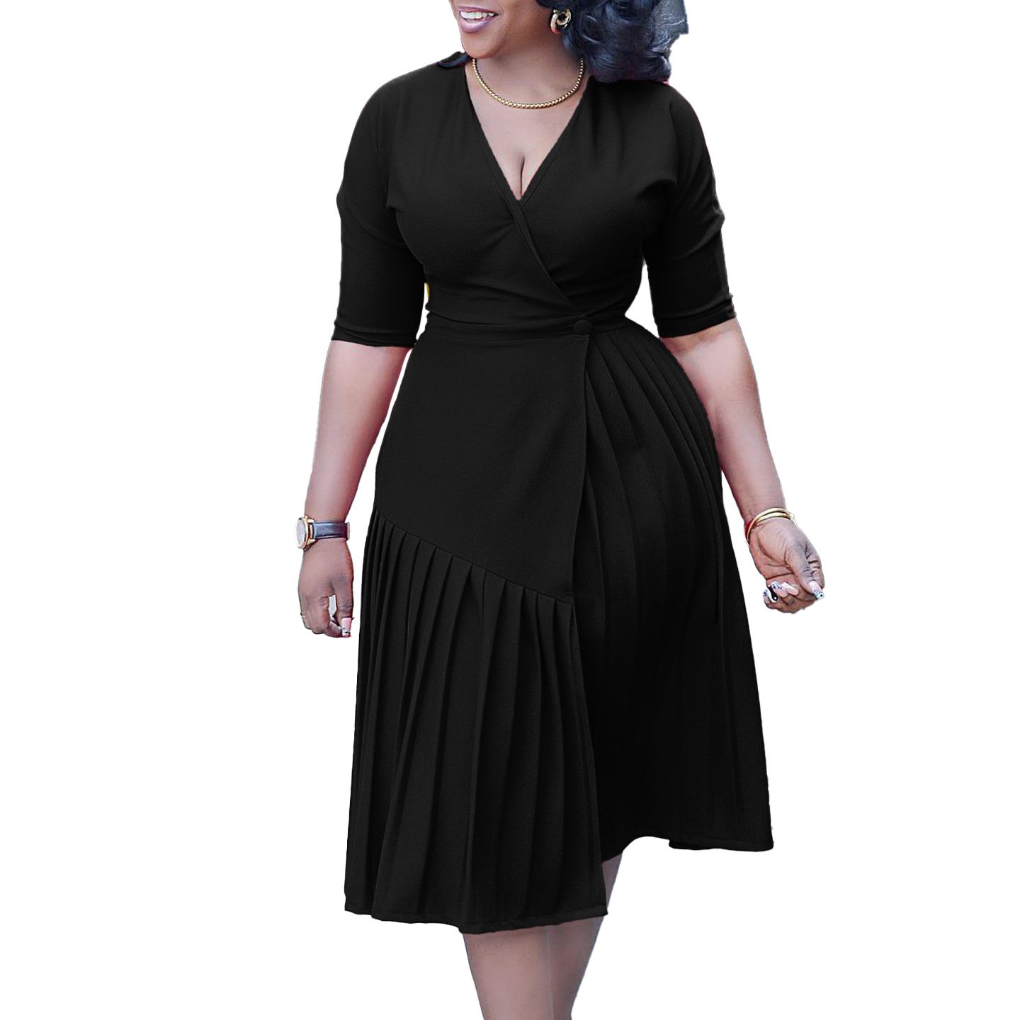 New Hot Sale Women Pleated Dress V-neck Single Button Dress Office Lady Half Sleeve Midi Dress Plus Size