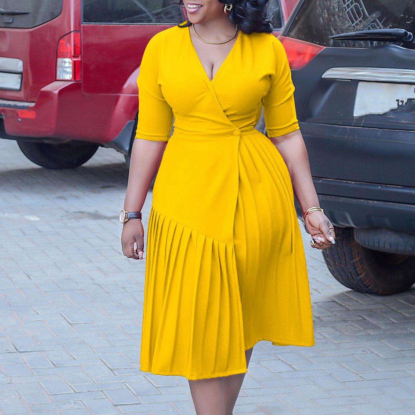 New Hot Sale Women Pleated Dress V-neck Single Button Dress Office Lady Half Sleeve Midi Dress Plus Size